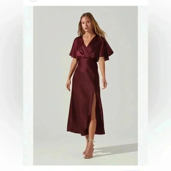ASTR the Label Alessia Satin Flutter sleeve midi dress Size XS, WINE - Picture 1 of 5